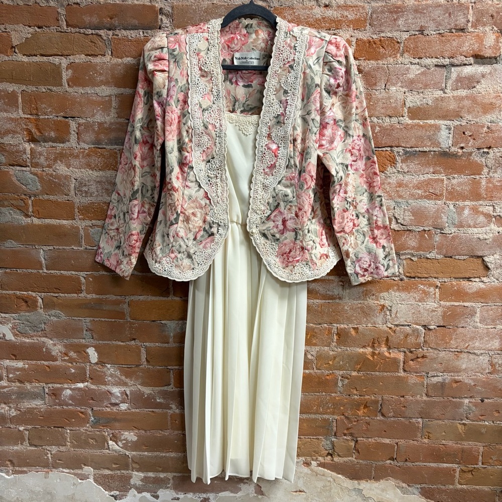 VTG Nah Nah Collection Floral Lace Trim Pearl Blazer Dress Combo Cottagecore 8P